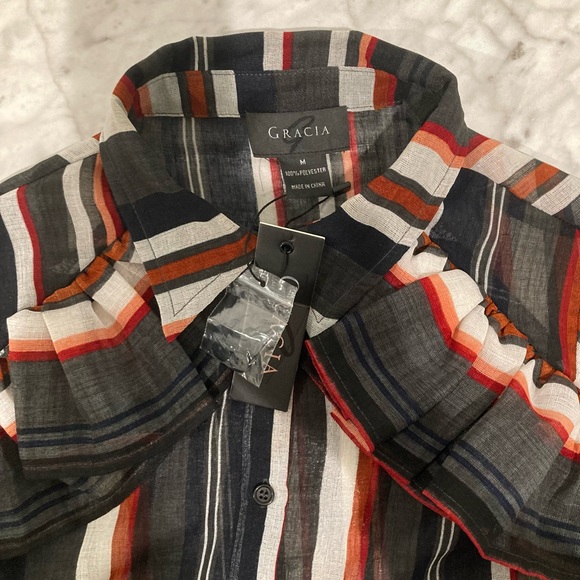 NEW GRACIA Black White Red Stripped Button Down Ruffle Blouse M - Picture 13 of 13